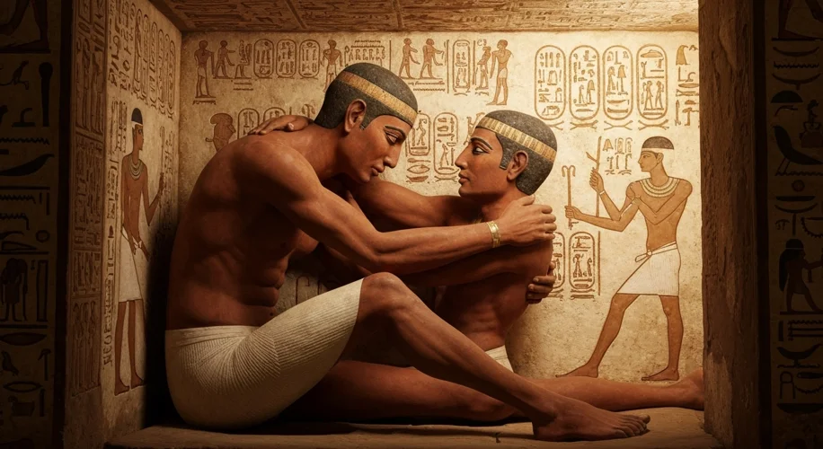 A recreated scene from the tomb of Khnumhotep and Niankhkhnum, showing the two men in a tender embra