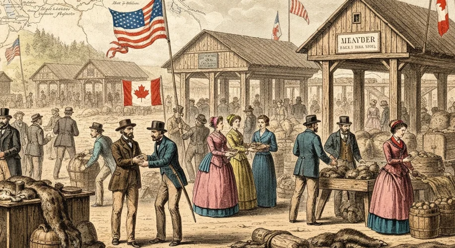 A vintage illustration depicting American and Canadian traders exchanging goods like furs and lumber