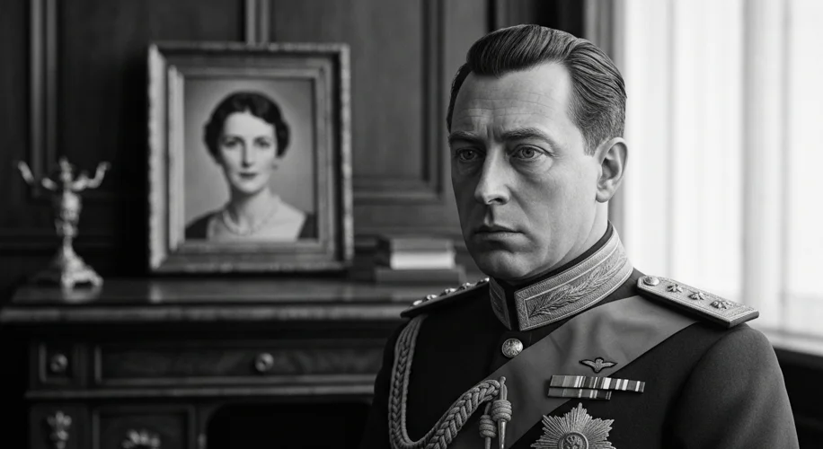 A black and white photograph of King Edward VIII in military uniform, looking somber, with a subtle