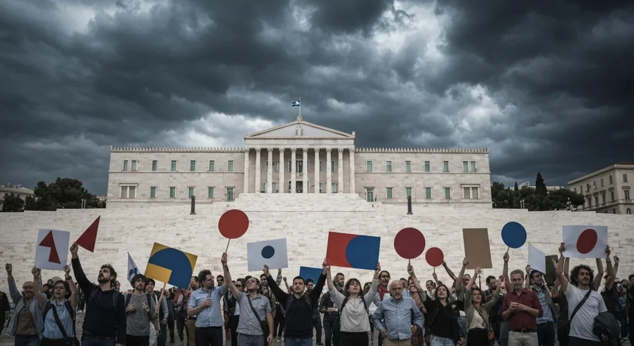 A modern Greek parliament building with protestors in the foreground, symbolizing economic struggles