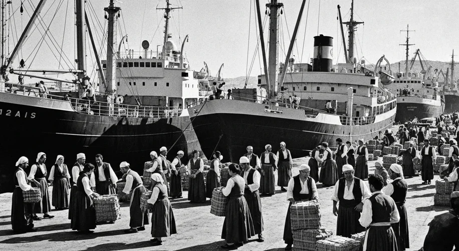 A black and white photograph of a bustling Greek port in the 1960s, with cargo ships being loaded an