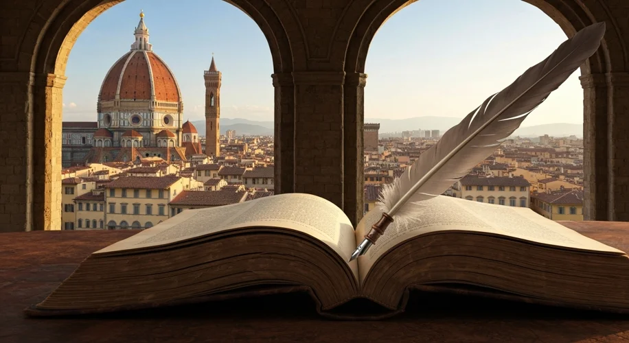 A quill pen resting on an open, aged book, with the cityscape of Florence visible through an arched 
