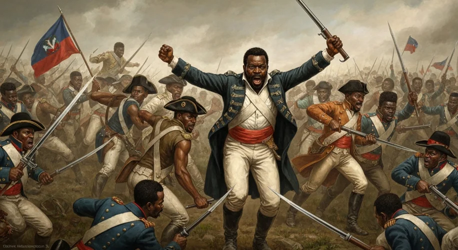 Jean-Jacques Dessalines leading Haitian revolutionary troops in a fierce battle against French soldi