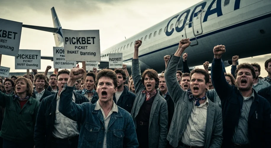A dramatic photo from the 1980s shows a picket line of airline mechanics and flight attendants holdi