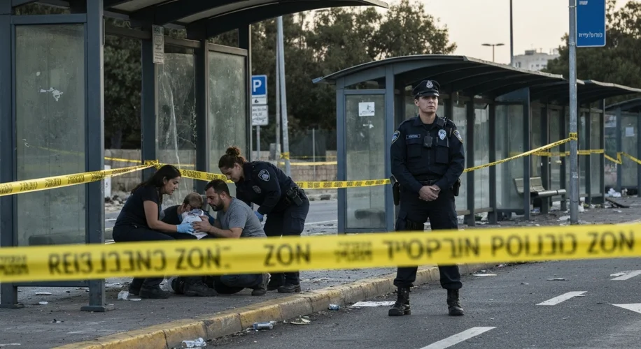 A somber scene at a Jerusalem bus stop. Yellow police tape cordons off the area. A few individuals i