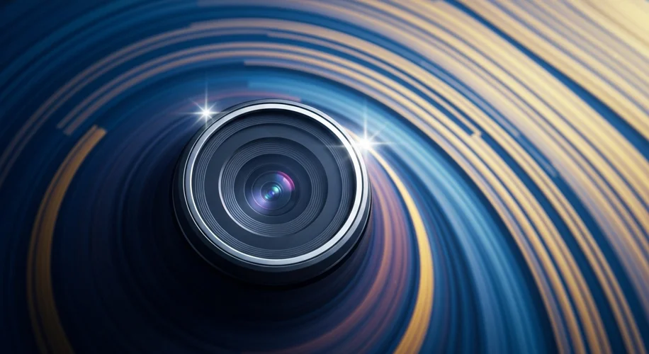 A close-up shot of a Sony Xperia phone's camera lens, with an abstract bokeh background suggesting v