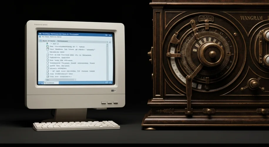 A modern, albeit dated, computer screen displaying an early email interface next to a vintage telegr