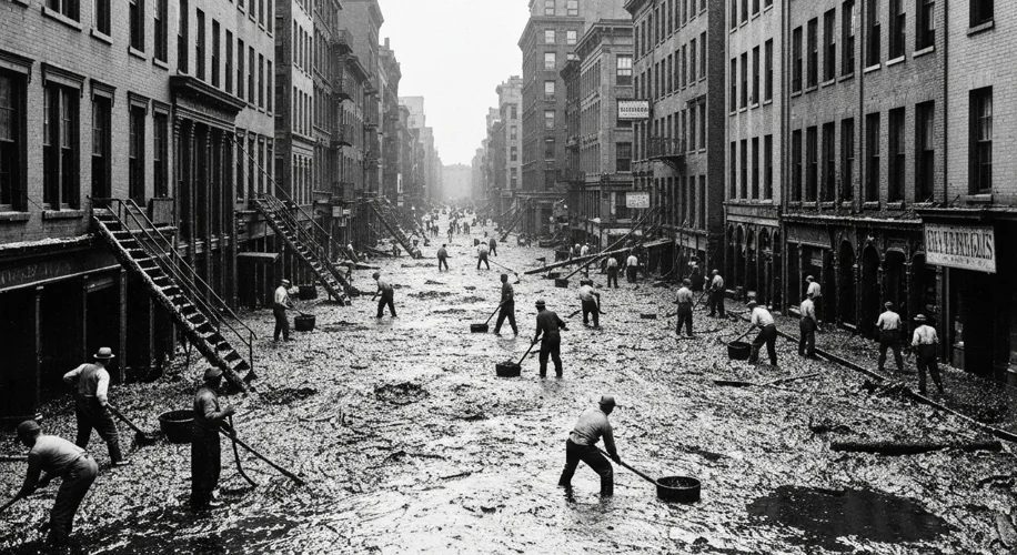 A black and white photograph showing the aftermath of the Great Molasses Flood: streets covered in t