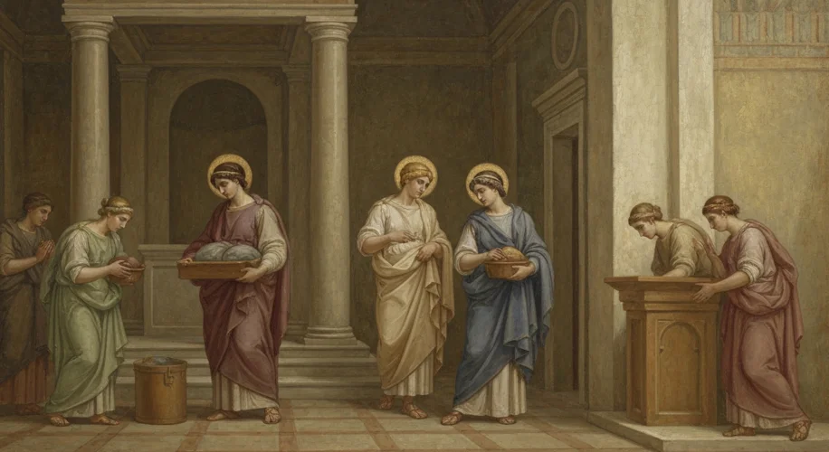 An ancient fresco depicting early Christian women in diaconal roles, possibly serving in a church se