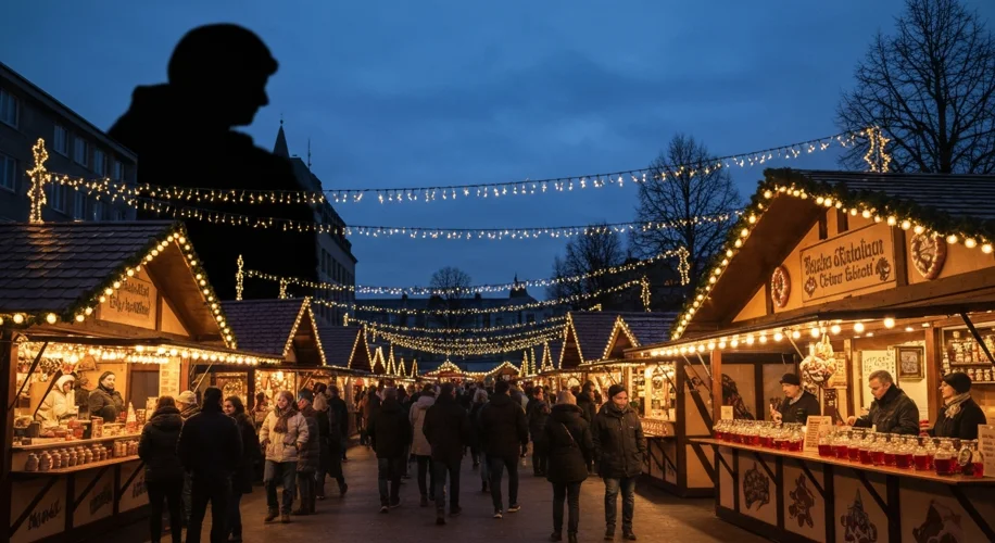 A wide shot of a bustling German Christmas market at dusk, with stalls selling mulled wine and ginge