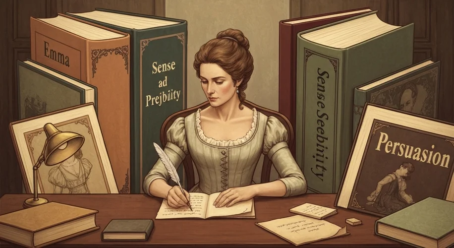 An illustration of Jane Austen in Regency attire, holding a quill and manuscript, with an assortment