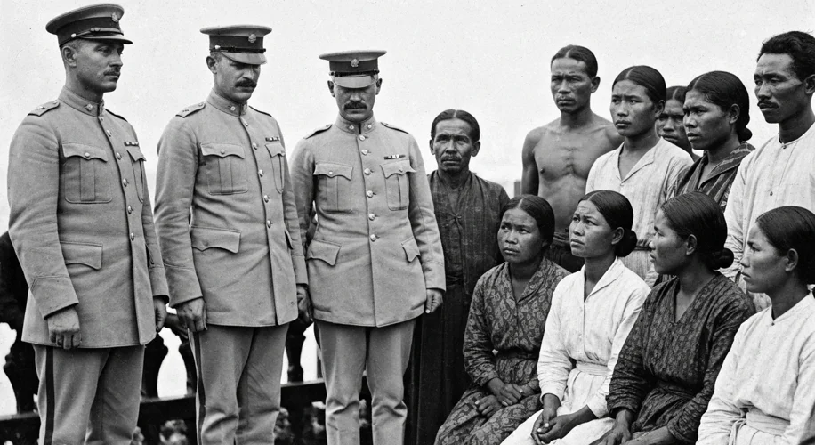 A photograph of Filipino civilians being addressed by American soldiers in the early 20th century, w