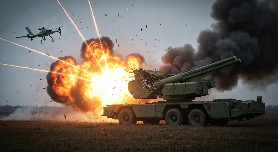 A stylized depiction of a Ukrainian drone striking a Russian Buk missile system in a field, with a f
