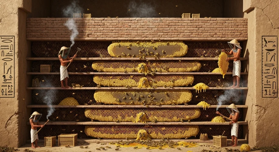 A cross-section of ancient Egyptian beehives stacked horizontally in a mud-brick structure. Workers