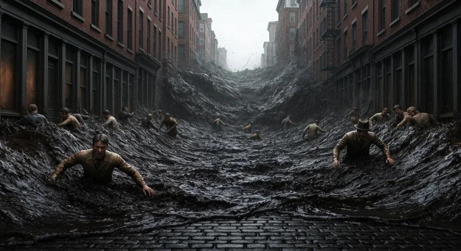 A dark, viscous wave of molasses rushing down a street in Boston's North End, with people struggling