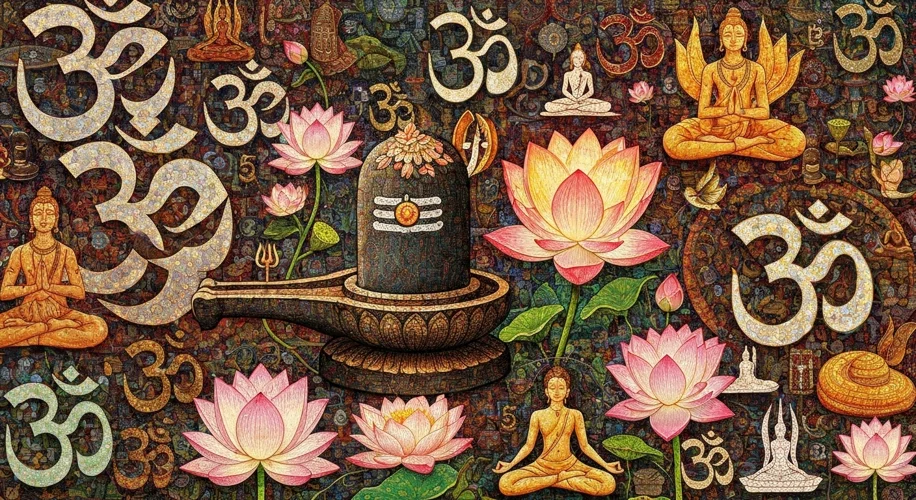 A mosaic of various Indian religious symbols and practices, such as Om, a Shiva lingam, a lotus flow