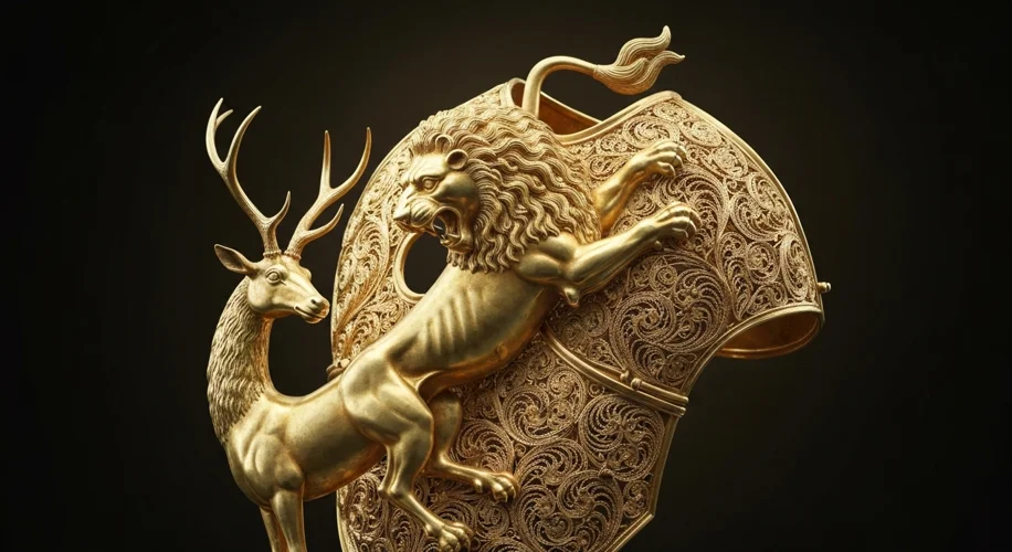 An intricately detailed Scythian gold pectoral, shaped like a lion attacking a stag, with delicate g