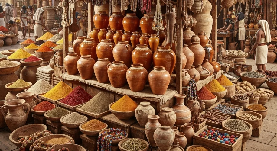 A bustling ancient Egyptian marketplace scene where merchants are trading goods. In the foreground,