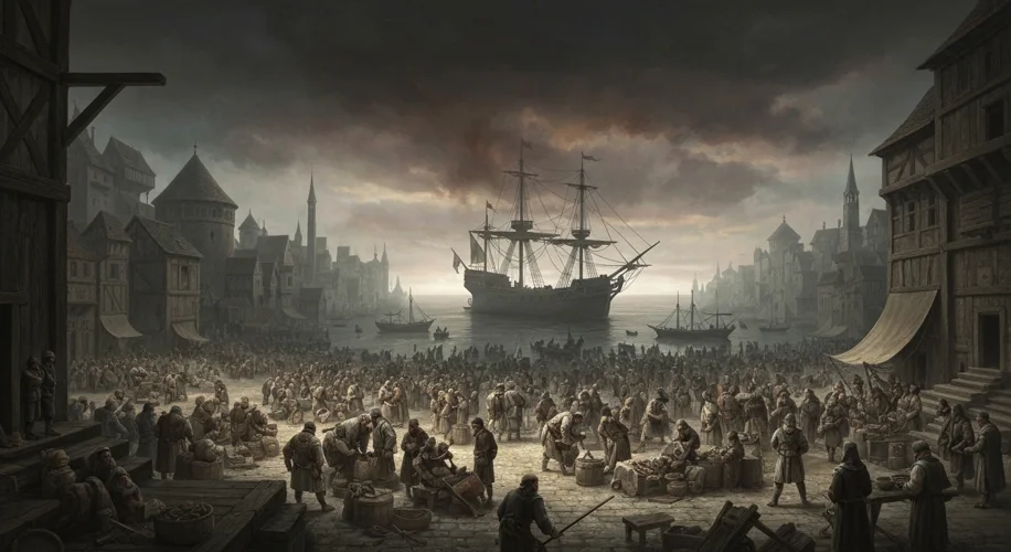 A medieval port city bustling with trade, with a single, ominous ship in the distance appearing to c