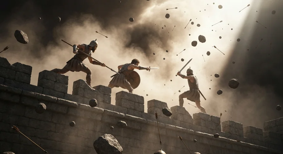 A dramatic close-up of ancient soldiers in a desperate hand-to-hand combat scene on top of a fortres