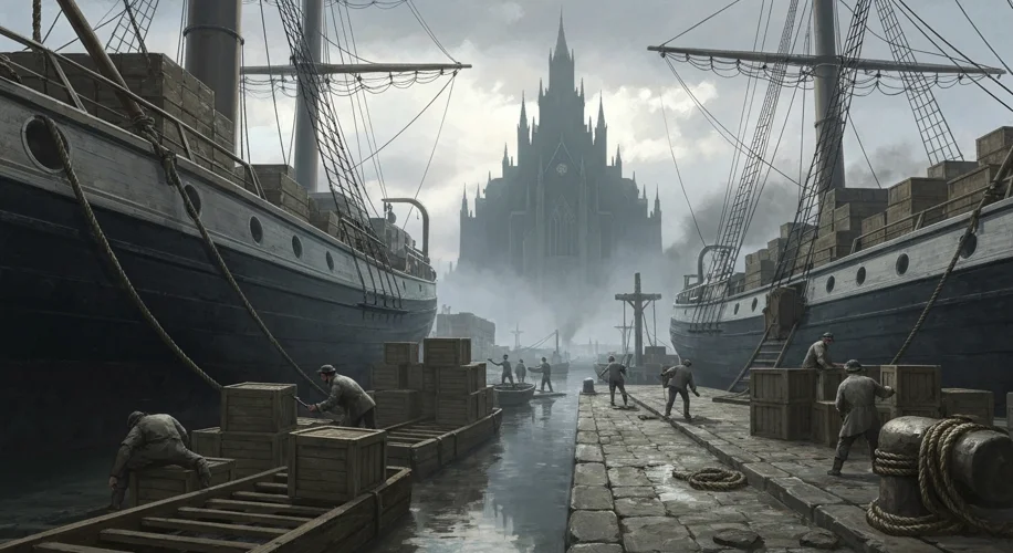A 19th-century merchant ship docked in a busy harbor, with crates being loaded and unloaded. In the 