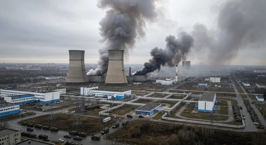 A dramatic aerial view of the Zaporizhzhia Nuclear Power Plant, with plumes of smoke rising from nea