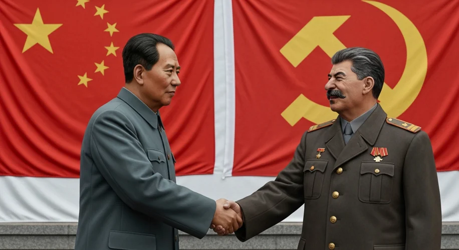 Mao Zedong and Joseph Stalin shaking hands in front of a banner featuring both Chinese and Soviet fl