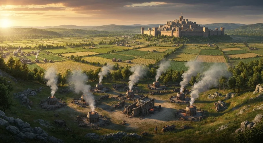 A panoramic view of a Bronze Age settlement nestled in a valley. Smoke rises from forges, and fields