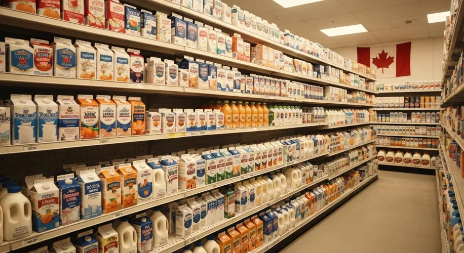 A vintage Canadian grocery store aisle in the 1970s or 1980s, stocked with various brands of milk ca