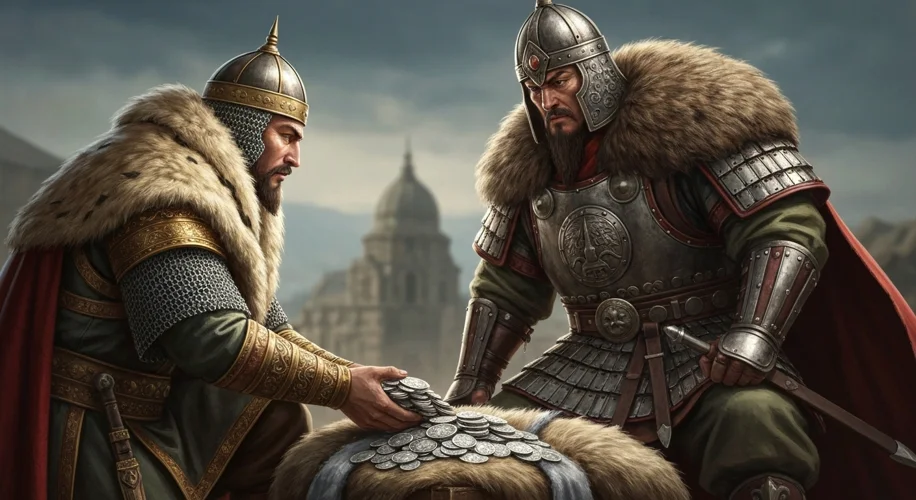 A medieval Rus' prince, dressed in rich furs and chainmail, kneeling before a stern-faced Mongol gen