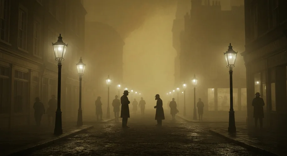 A dramatic depiction of London streets during the Great Smog of 1952. Thick, yellow-brown smog engul