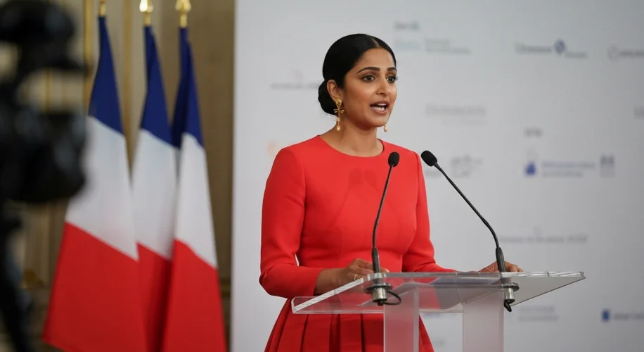 A modern photograph showing Élisabeth Borne speaking at a press conference in Paris, with French fla