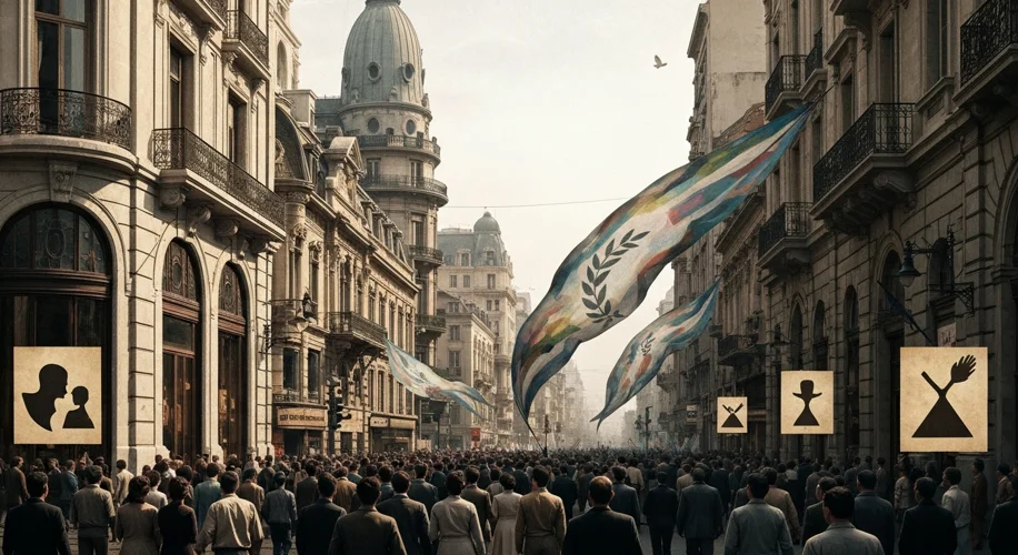 A 1950s Argentinian street scene with a mix of European-style architecture and bustling crowds, poss