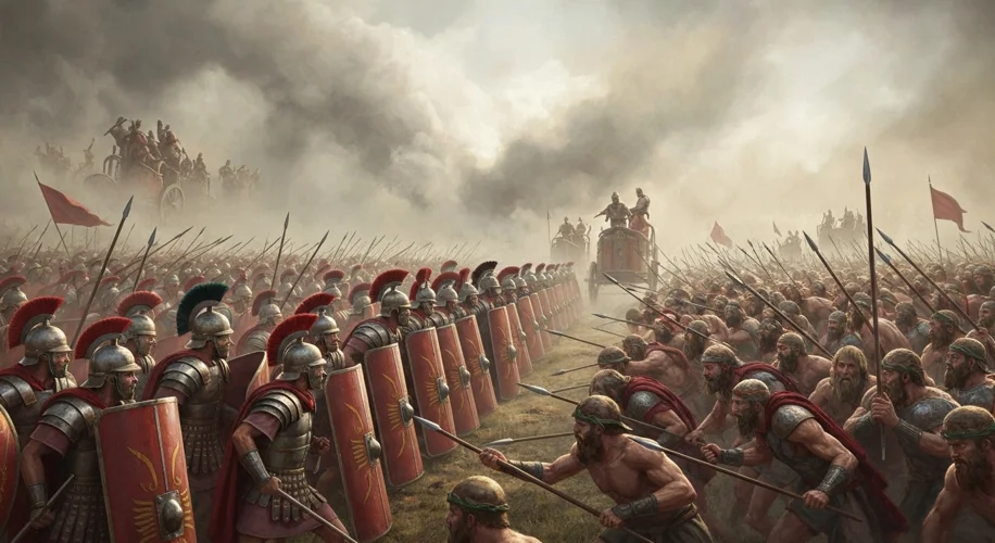 A chaotic and brutal battle scene between Roman legionaries and Celtic warriors. Roman soldiers in f