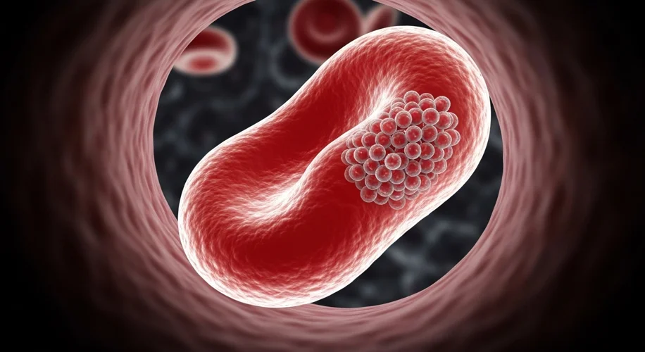A vibrant, close-up illustration showing a red blood cell squeezing through a narrow capillary, high