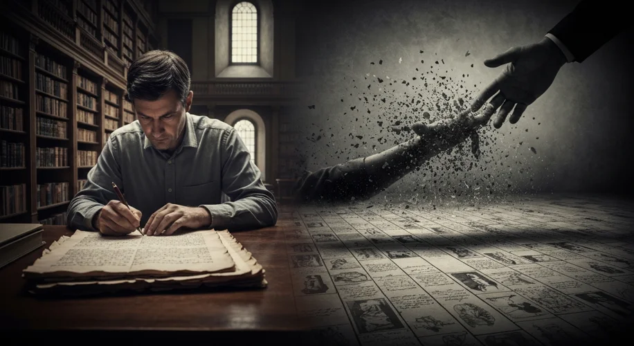 A split image: one side shows a scholar diligently examining old documents in a library; the other s