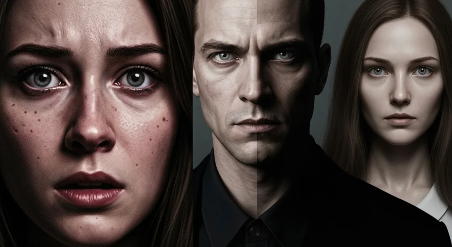 A split image. On one side, a grainy, unsettling video still of a young woman looking fearful. On th