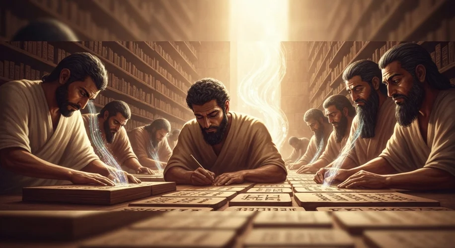 A dramatic, stylized depiction of ancient scribes in Mesopotamia etching cuneiform on clay tablets,