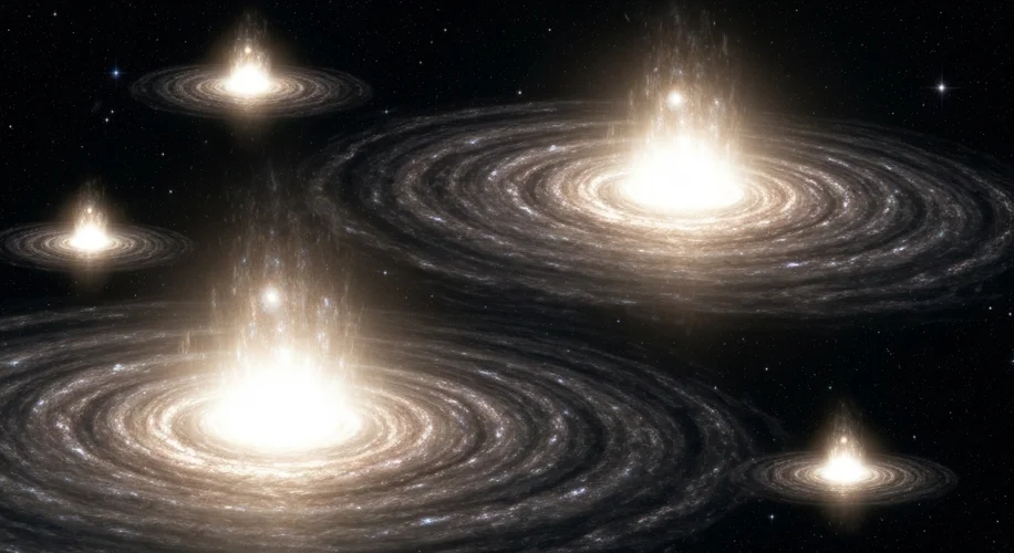 An artist's impression of the early universe, showing newly forming galaxies with bright, active sup