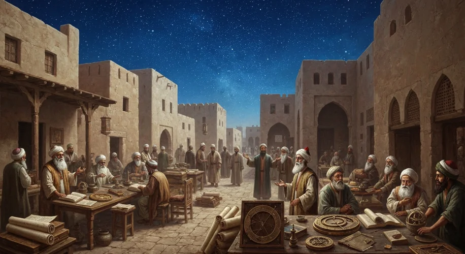 A vibrant 9th-century Baghdad street scene with scholars debating in a courtyard filled with scrolls