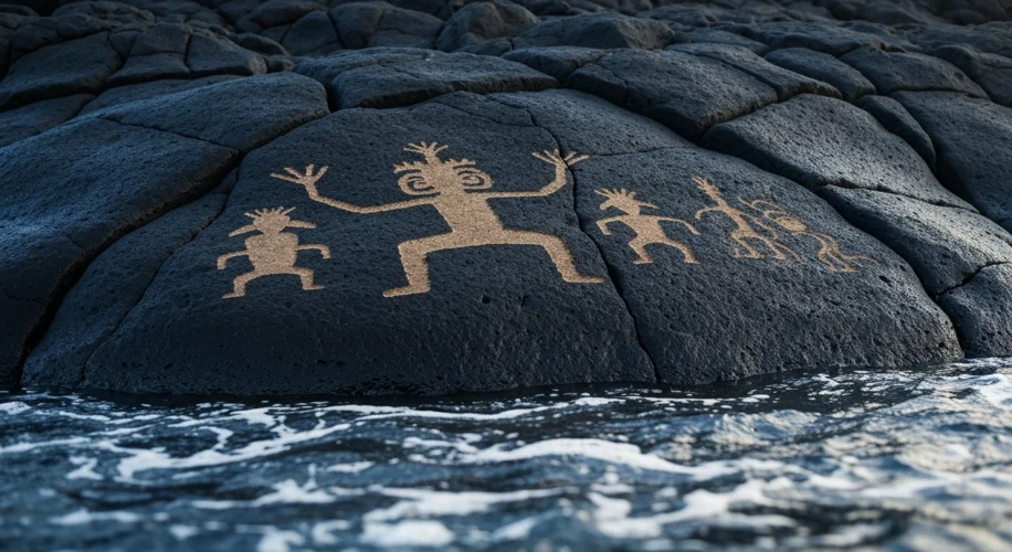 Ancient Hawaiian petroglyphs carved into a dark volcanic rock face, revealed by receding ocean tides