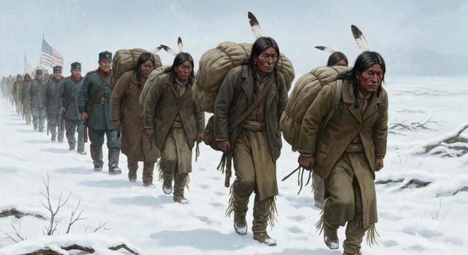 An illustration depicting Native Americans, primarily Cherokee people, being forcibly marched by US 