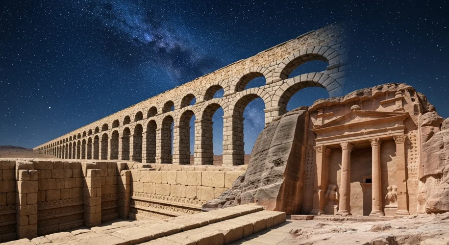 A composite image showing elements of ancient water management: a section of the Great Bath at Mohen