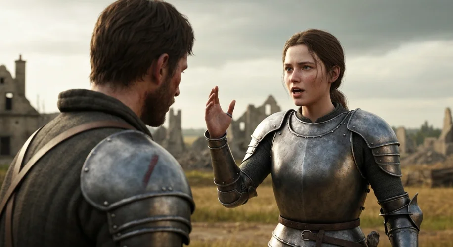 A young, determined Joan of Arc, clad in simple armor, addressing a weary French soldier with convic