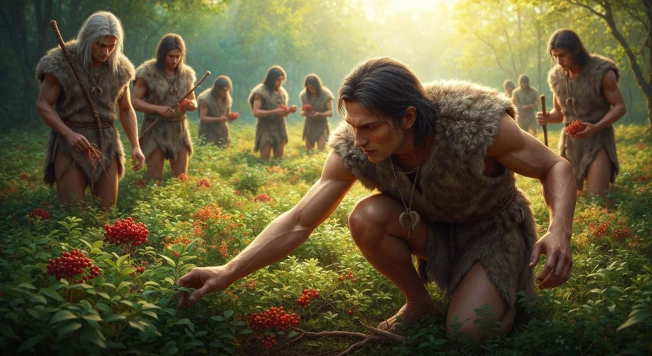 A group of early humans, dressed in animal skins, carefully gathering berries and roots in a sun-dap
