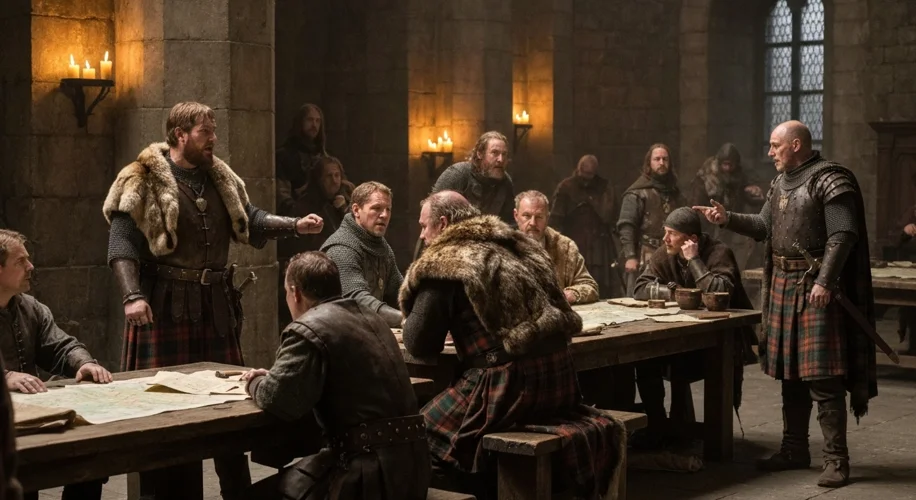 A dramatic scene depicting Scottish nobles debating in a dimly lit hall during the Wars of Scottish 