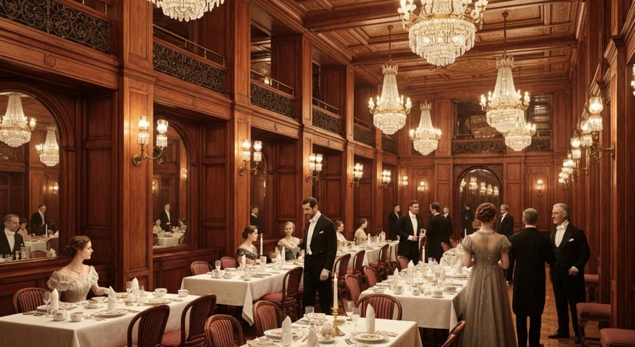 An opulent dining saloon aboard the RMS Titanic, showcasing rich wood paneling, crystal chandeliers,