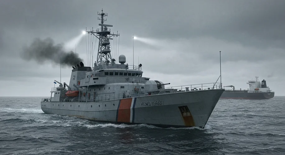A stern-faced Finnish coast guard vessel patrols the choppy waters of the Baltic Sea under a grey, o