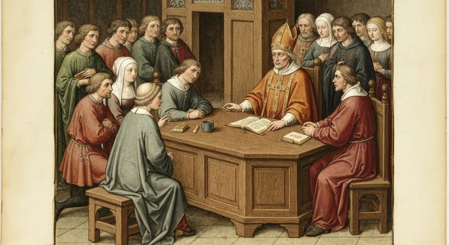 A medieval illuminated manuscript page depicting a church court scene, with a judge (bishop) listeni
