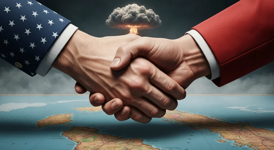 A symbolic image of two hands, one American and one Soviet, clasped in a tense handshake over a map